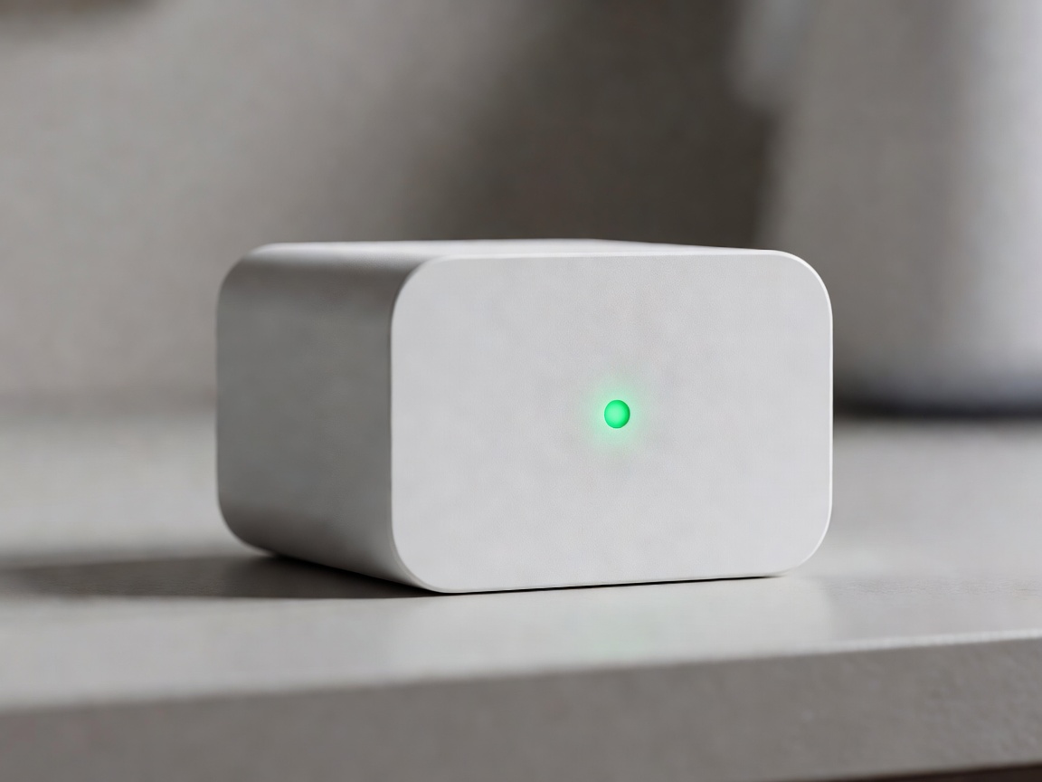 Close-up of a white smart plug with a status light, background blurred
