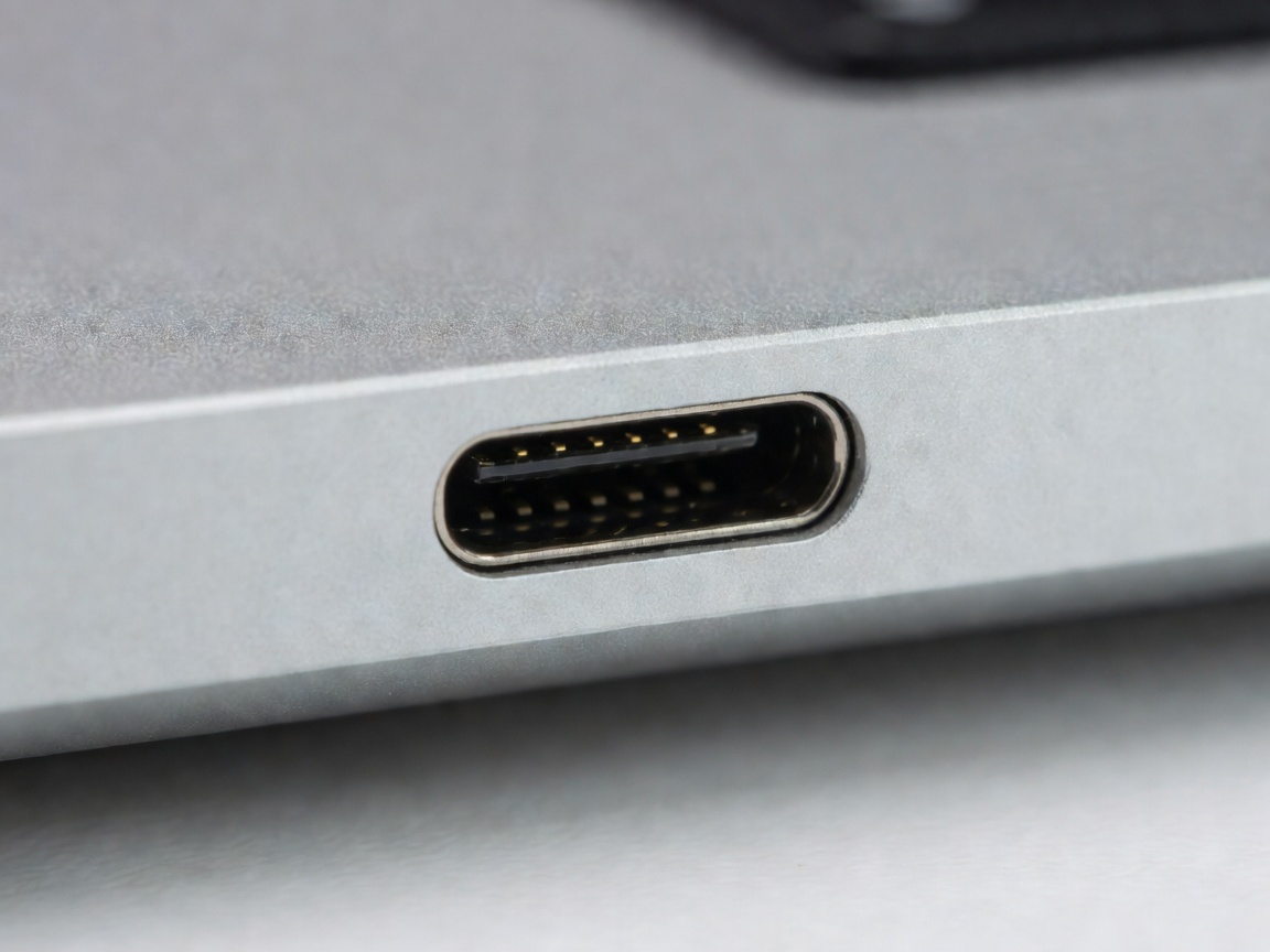 Macro shot of a USB-C port on the side of an aluminium laptop