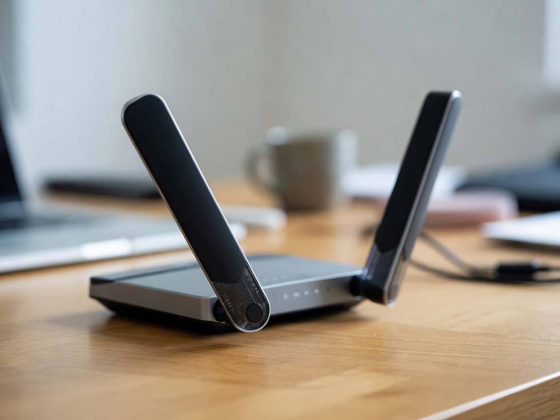 Shallow-focus close-up of router antennas on a desk