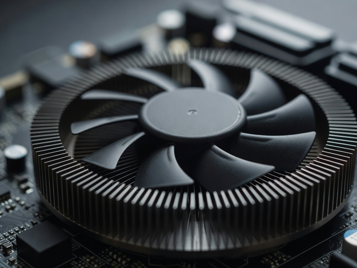 Shallow-focus close-up of a graphics card heatsink and fan blades