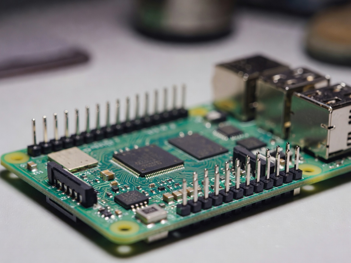 Shallow-focus close-up of a small single-board computer with GPIO pins
