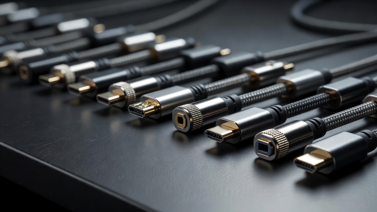 Shallow-focus close-up of cable connectors lined up on a dark surface