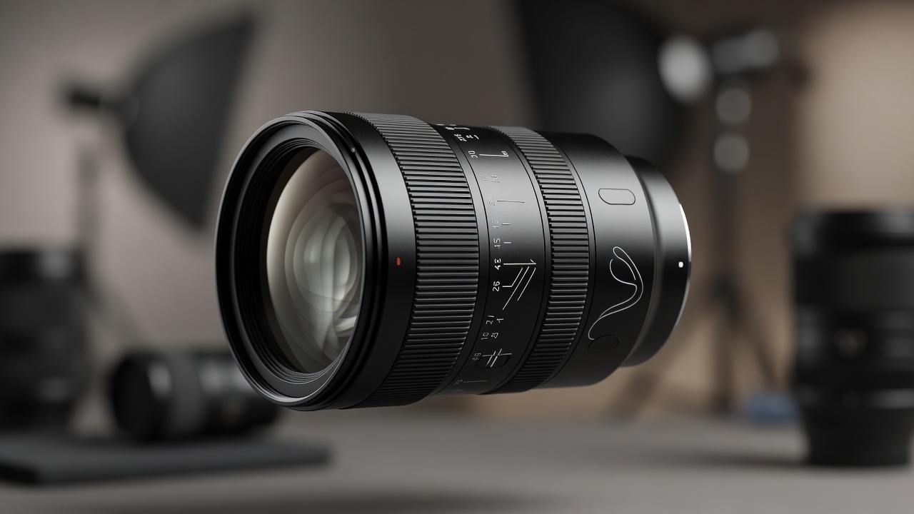Close-up of a camera lens barrel with focus markings, background softly blurred