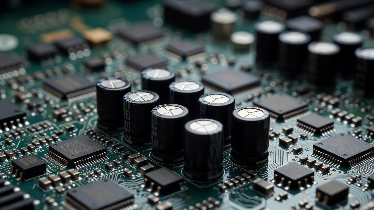 Close-up of motherboard capacitors and chips with shallow depth of field