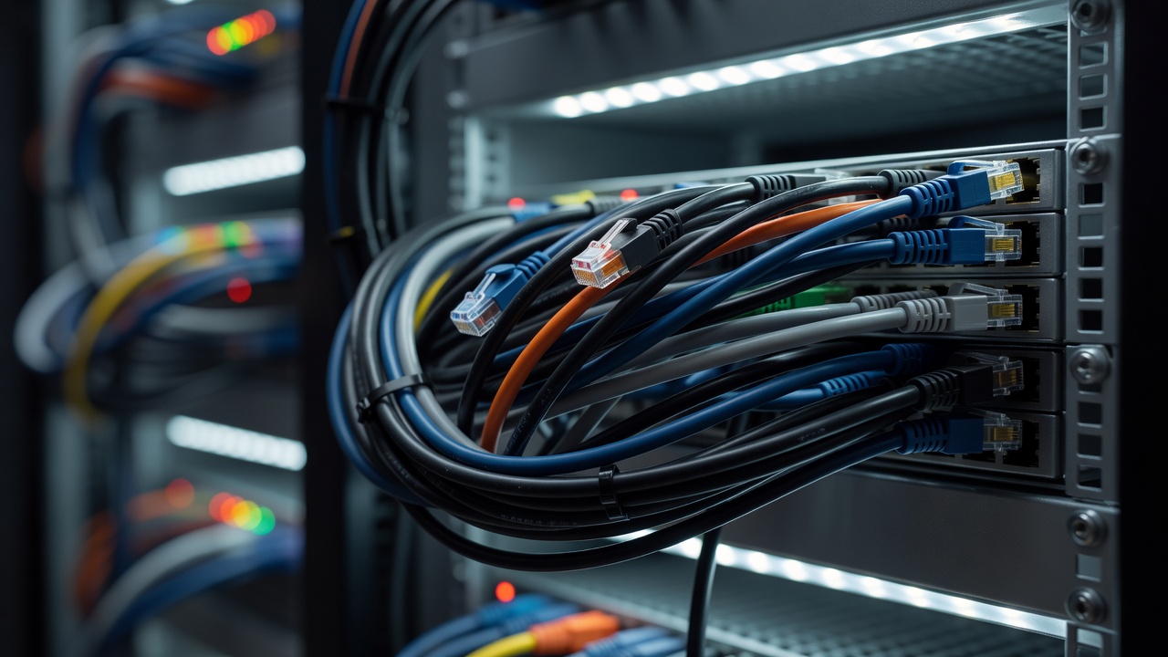 Close-up of bundled network cables in a server rack with shallow focus