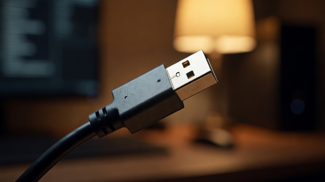 Close-up of a USB cable plug about to connect, with a blurred warm background